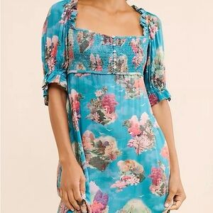 Anthropologie Floral Square Neck Midi Blue Dress with Puff Sleeves